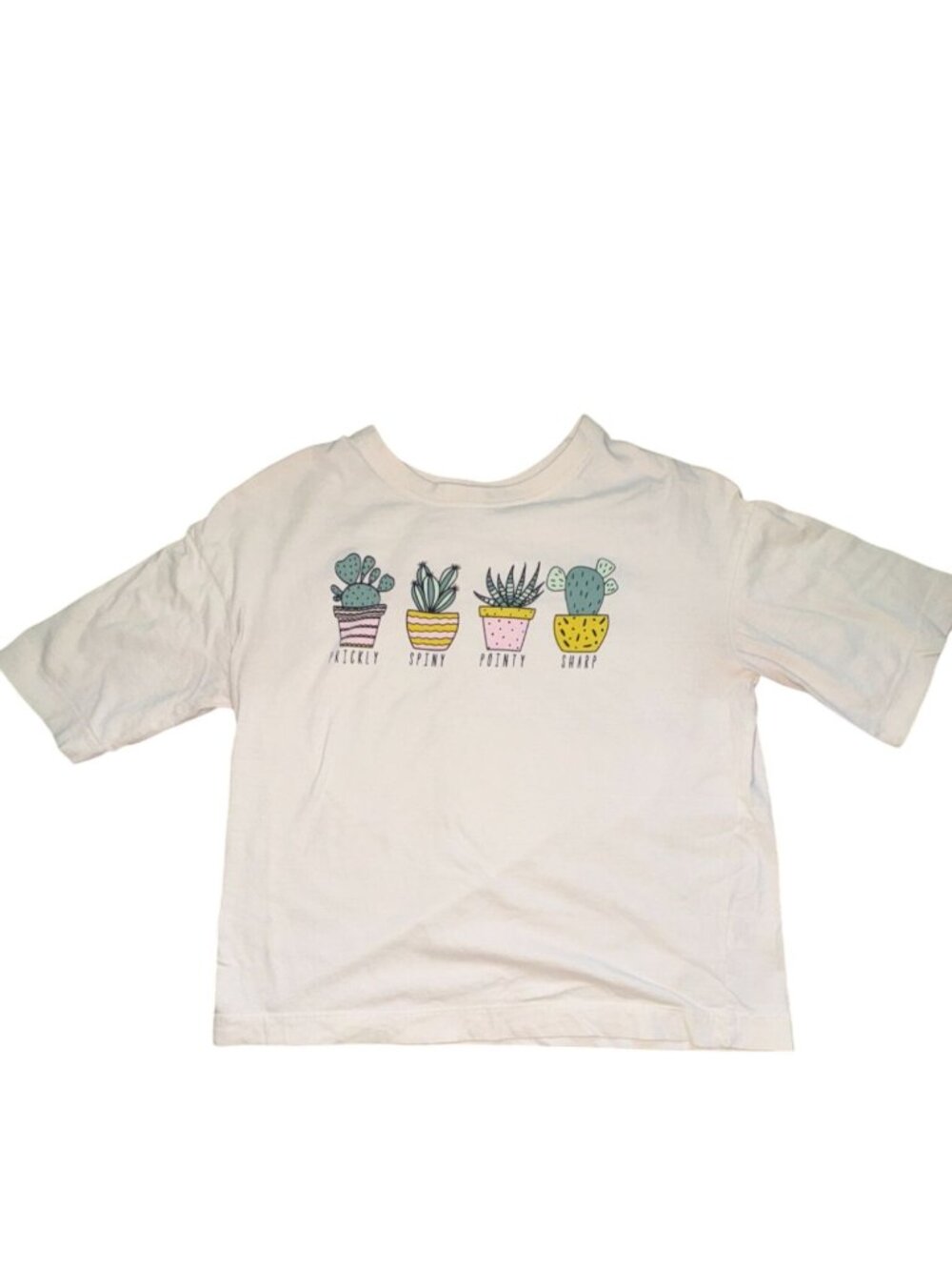 GUC Love, Peace & Lazy Days Cropped, Crew Neck Succulemt T-Shirt-Cream-Sz Small